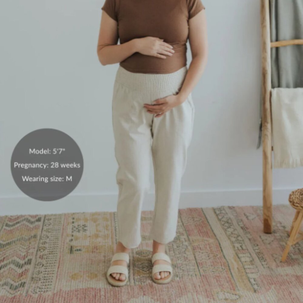 Emme Maternity Everyday Transitional Smocked Linen Pant - Natural - Small